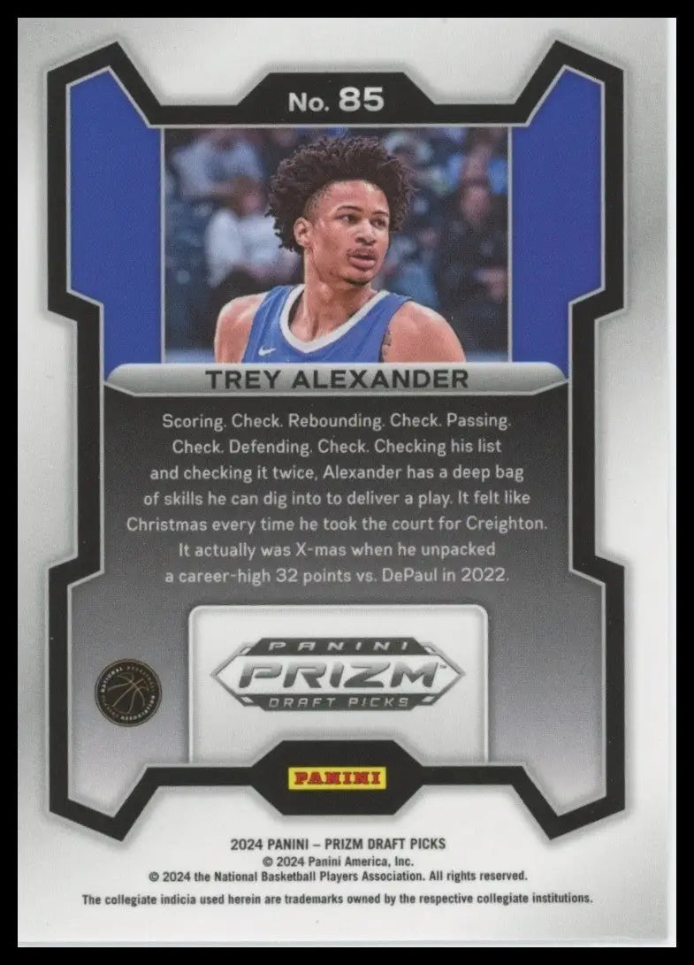 2024 Panini Prizm Draft Picks Trey Alexander #85 Rookie Basketball Card NCAA - Basketball Card