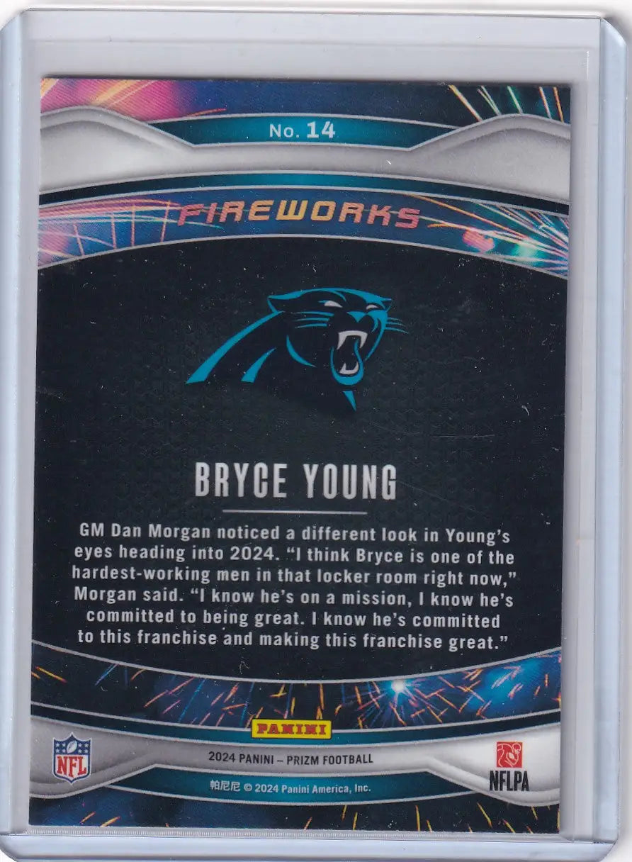 Panini Prizm Fireworks Bryce Young football trading card with Carolina Panthers logo