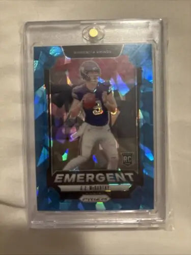 J.J. McCarthy football card from 2024 Panini Prizm featuring rookie RC emergent blue cracked ice