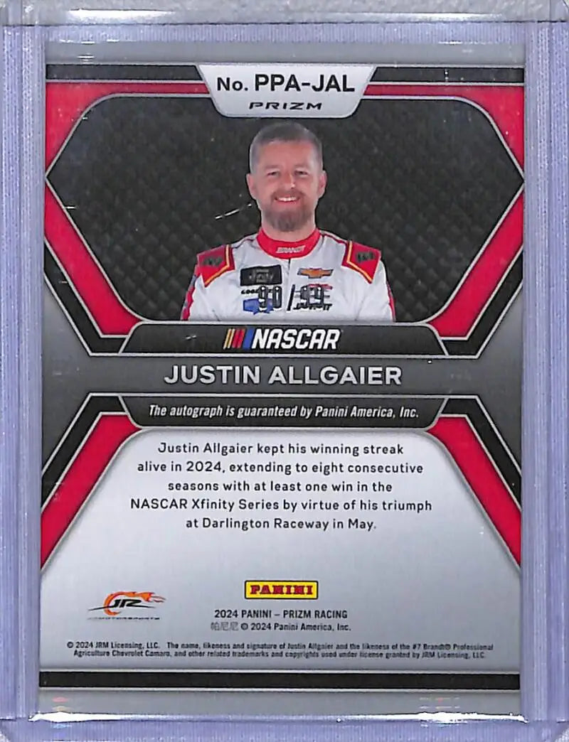 Justin Allgaier NASCAR trading card from 2024 Panini Prizm Patented Penmanship series