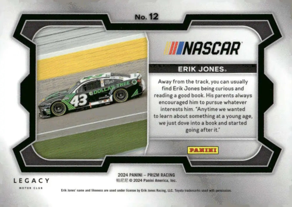NASCAR trading card of Erik Jones from Panini Prizm Rides Dollar Tree Legacy Motor Club