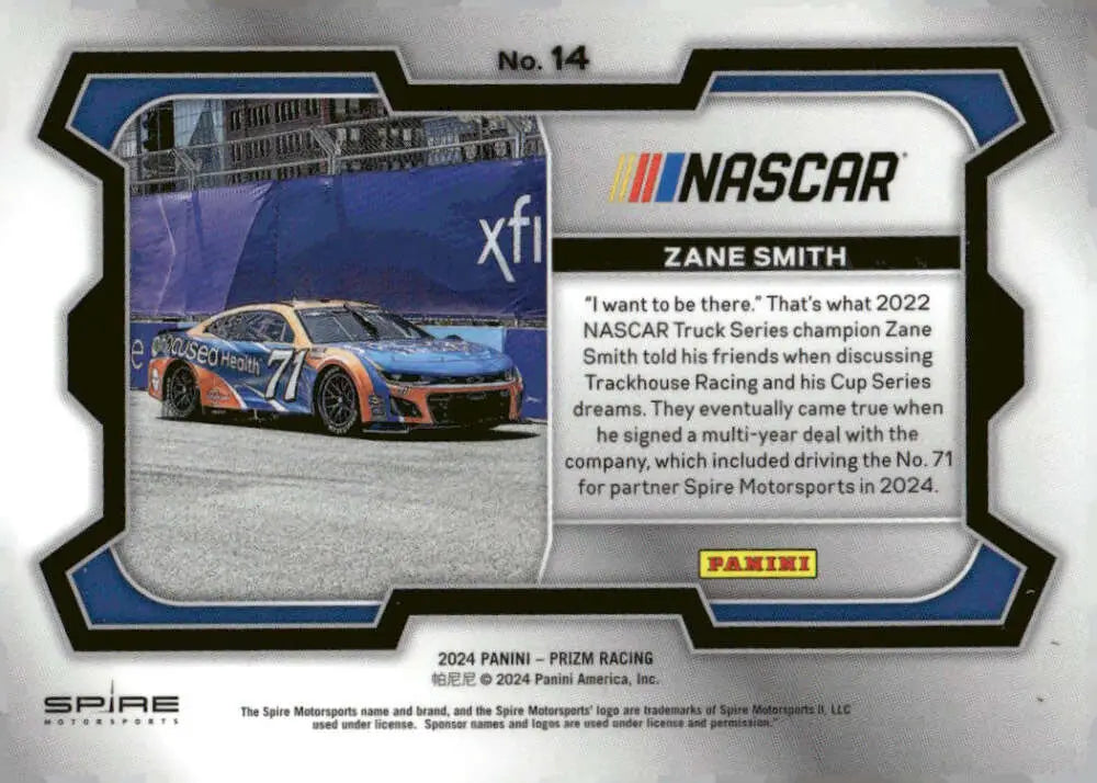 NASCAR trading card of Zane Smith with Focused Health for Spire Motorsports Chevrolet