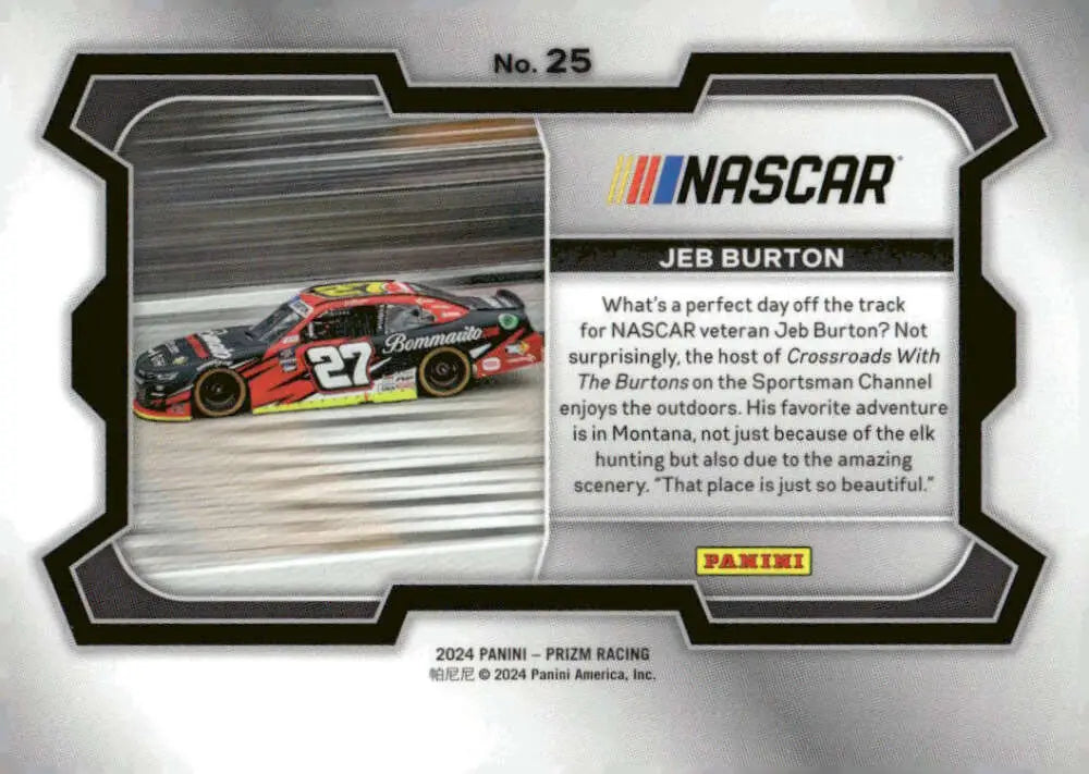 NASCAR Jeb Burton racing card from 2024 Panini Prizm Rides series featuring Chevrolet Racing