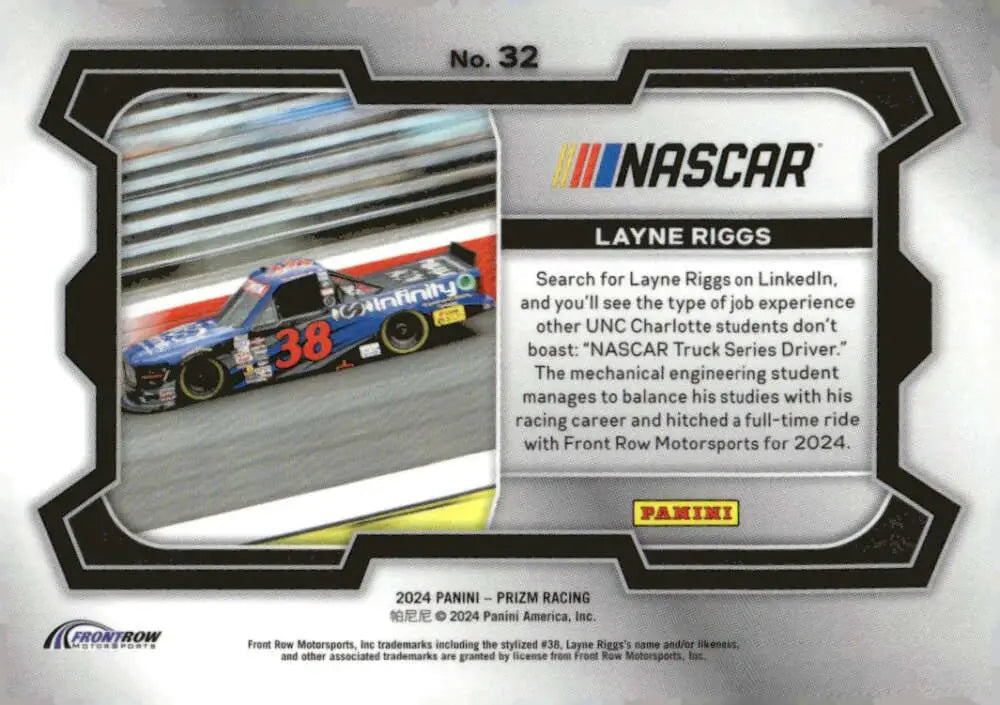 NASCAR trading card featuring Layne Riggs from 2024 Panini Prizm Rides collection