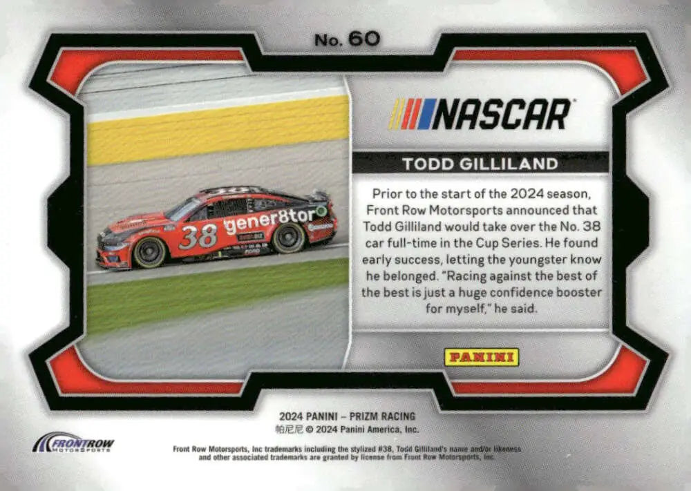 Todd Gilliland NASCAR trading card from Panini Prizm Rides 2024 collection featuring Front Row Motorsports