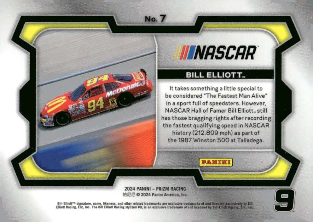 NASCAR trading card from Panini Prizm Rides featuring Bill Elliott and McDonald’s branding