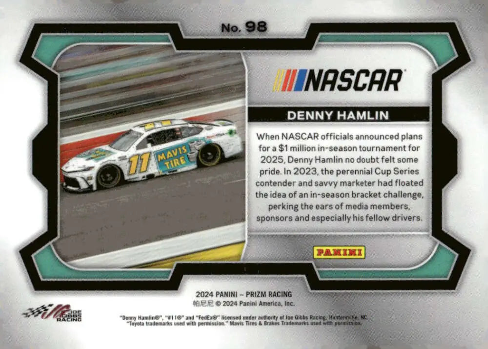 Denny Hamlin NASCAR trading card featuring Joe Gibbs Racing and Mavis Tires logos