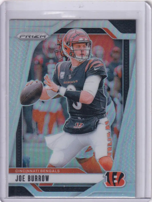 2024 Panini Prizm Silver Joe Burrow football card displayed in Cincinnati Bengals product