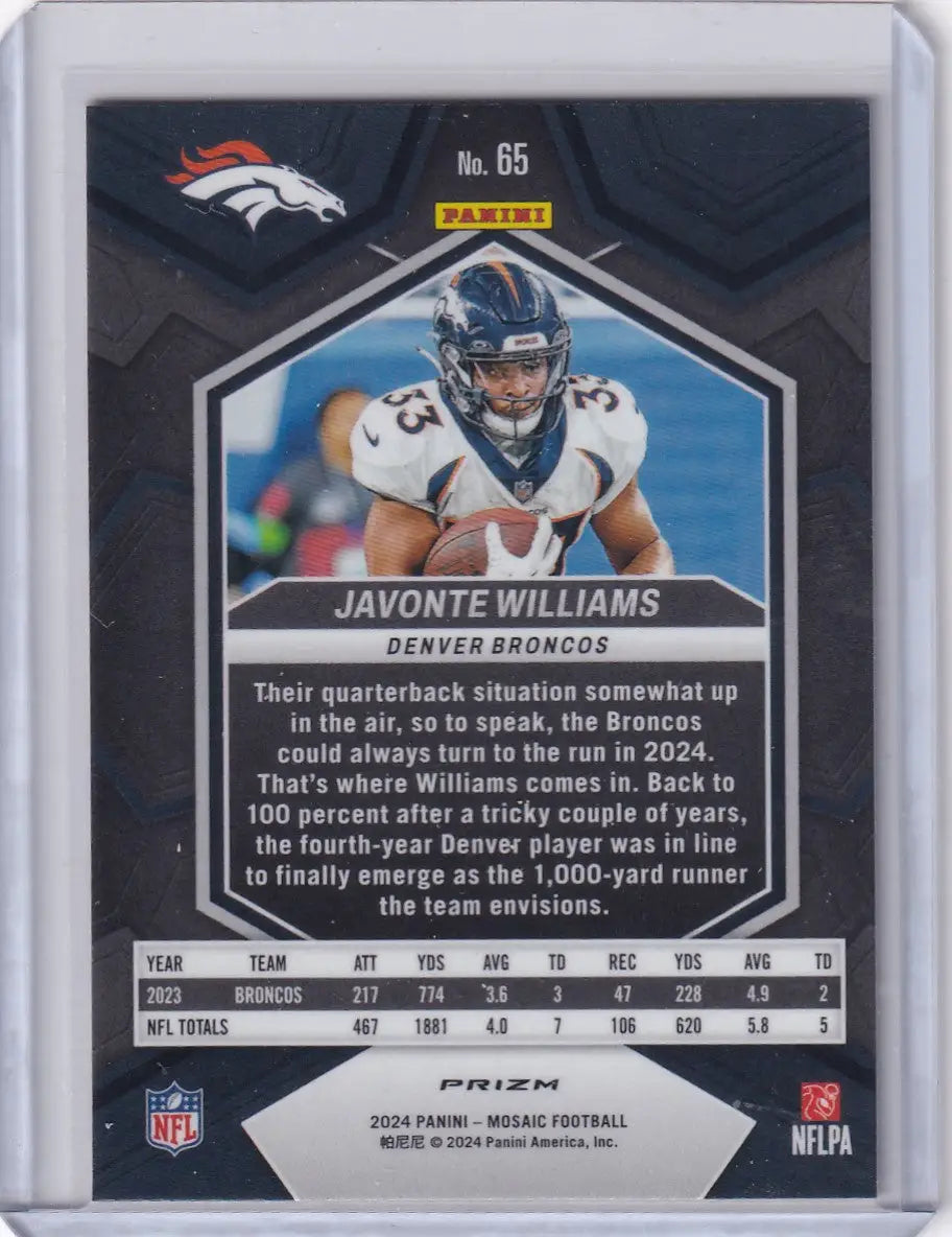 Javonte Williams Denver Broncos football trading card 2024 Panini Prizm Yellow Reactive