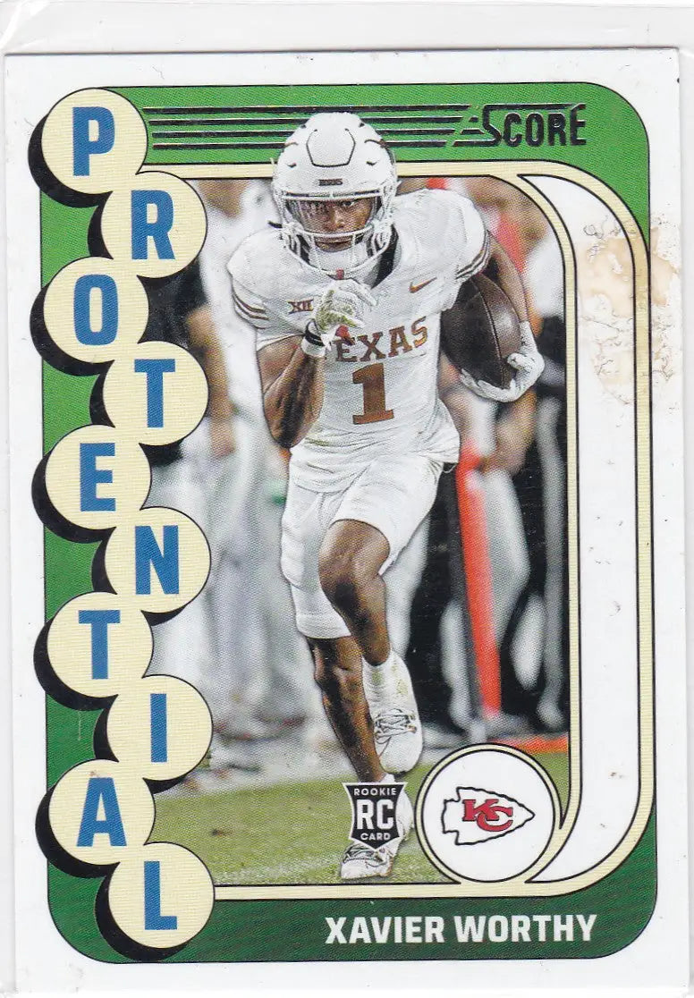 Football trading card featuring Xavier Worthy RC Protential Kansas City Chiefs Kansas City Chiefs