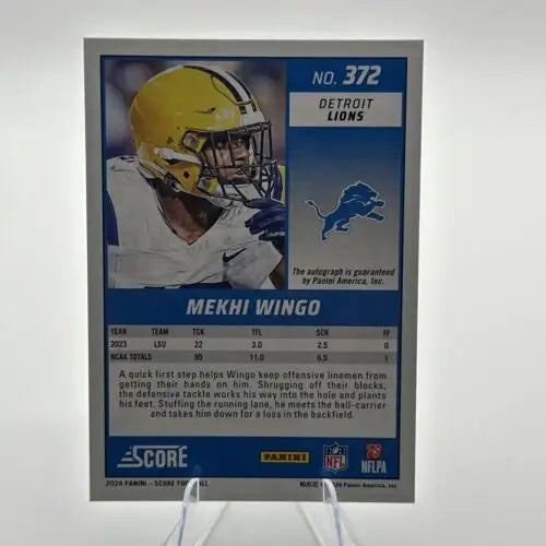 Mekhi Wingo 2024 Panini Score Green Auto RC football card for Lions DL