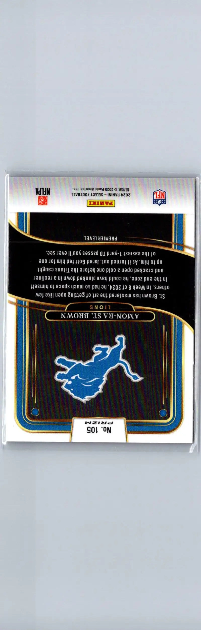 Back of 2024 Panini Select Amon-Ra St. Brown trading card with Lions logo and yellow prizm shock