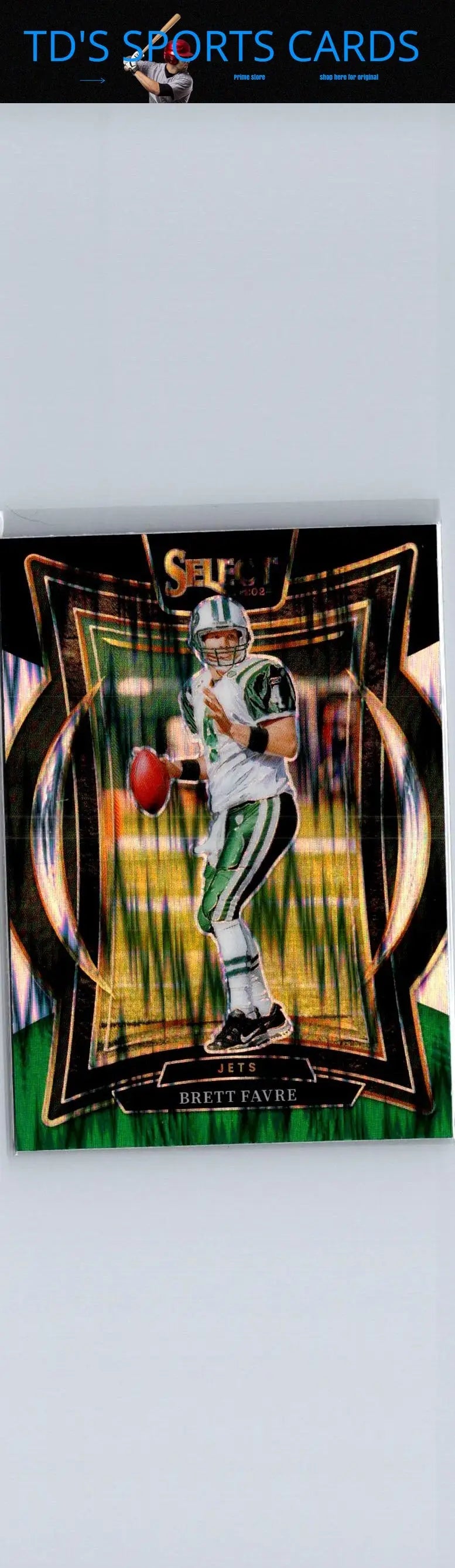 Football trading card featuring Brett Favre in green and white, 2024 Panini Select Black & Green Prizm Shock