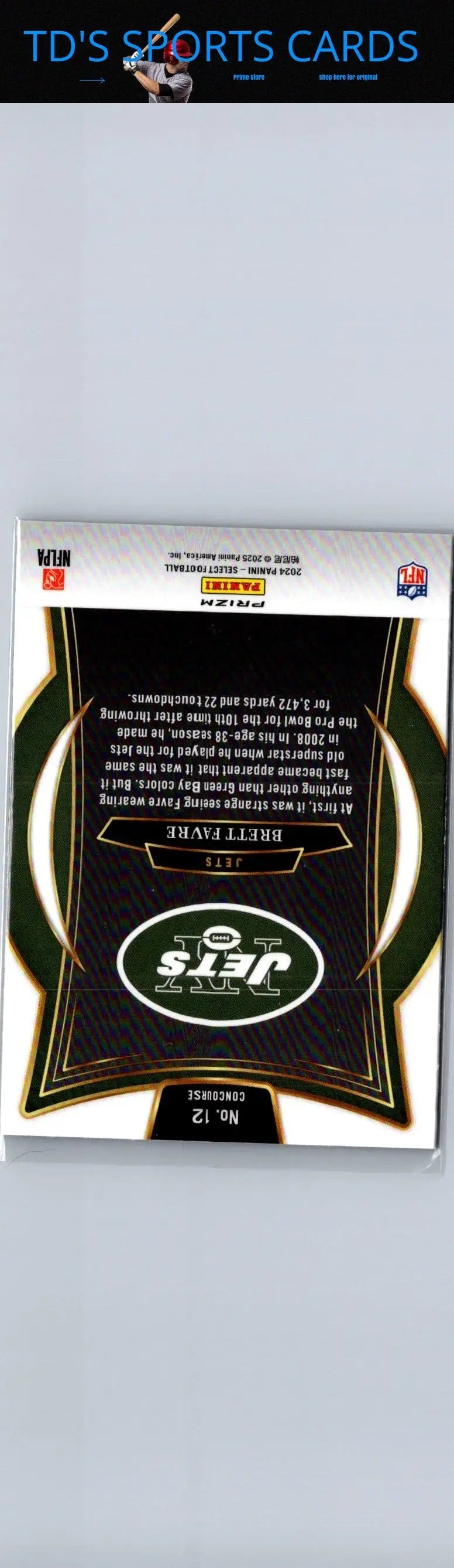 Brett Favre black and gold football trading card with Green Prizm Shock for 2024 Panini Select