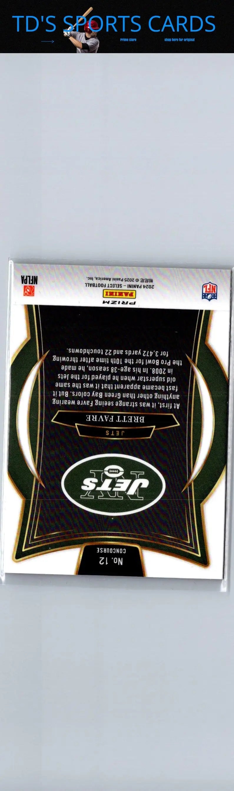 Back of 2024 Panini Select Brett Favre Red & Yellow Prizm Shock trading card