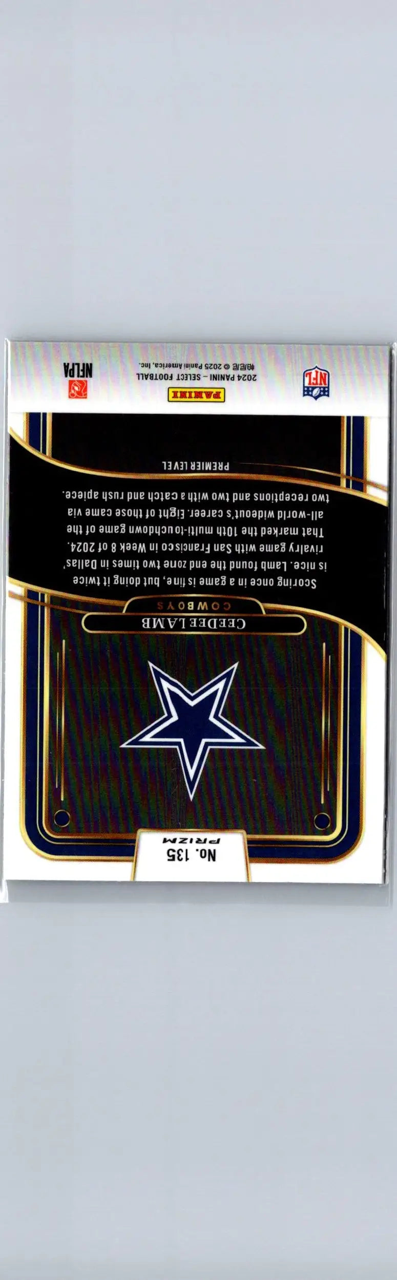 Back of a Dallas Cowboys CeeDee Lamb football trading card featuring CeeDee Lamb Red & Yellow Prizm Shock