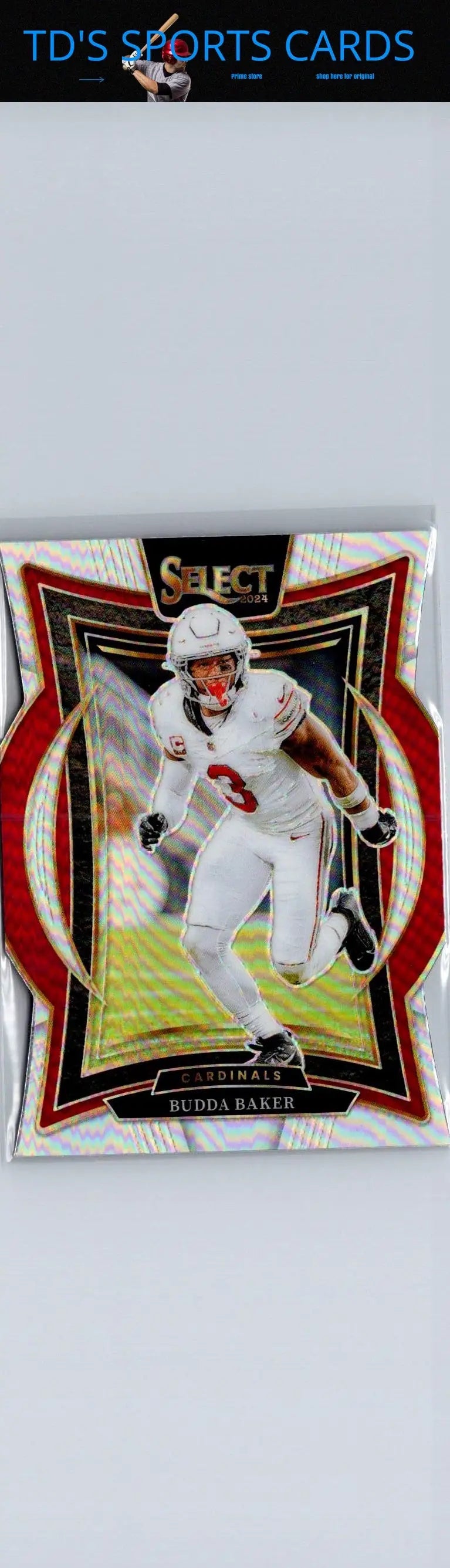 Football trading card featuring Budda Baker Silver Prizm Die Cut from 2024 Panini Select
