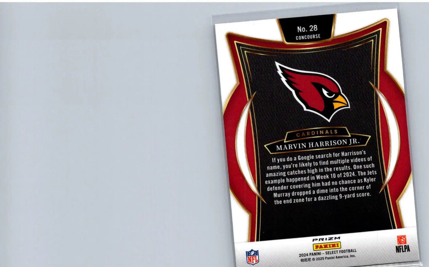 Sports trading card featuring Marvin Harrison Jr. with Arizona Cardinals logo and yellow prizm shock