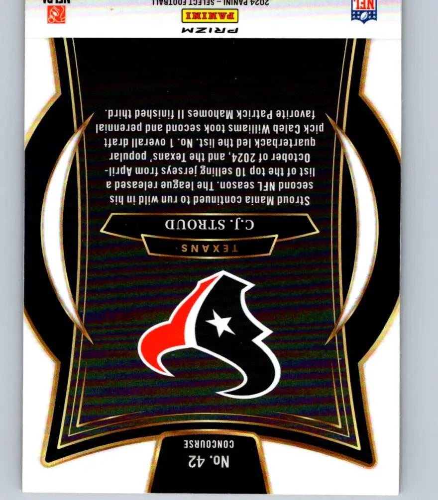 Back of a C.J. Stroud football trading card from Panini Select 2024 with yellow prizm shock