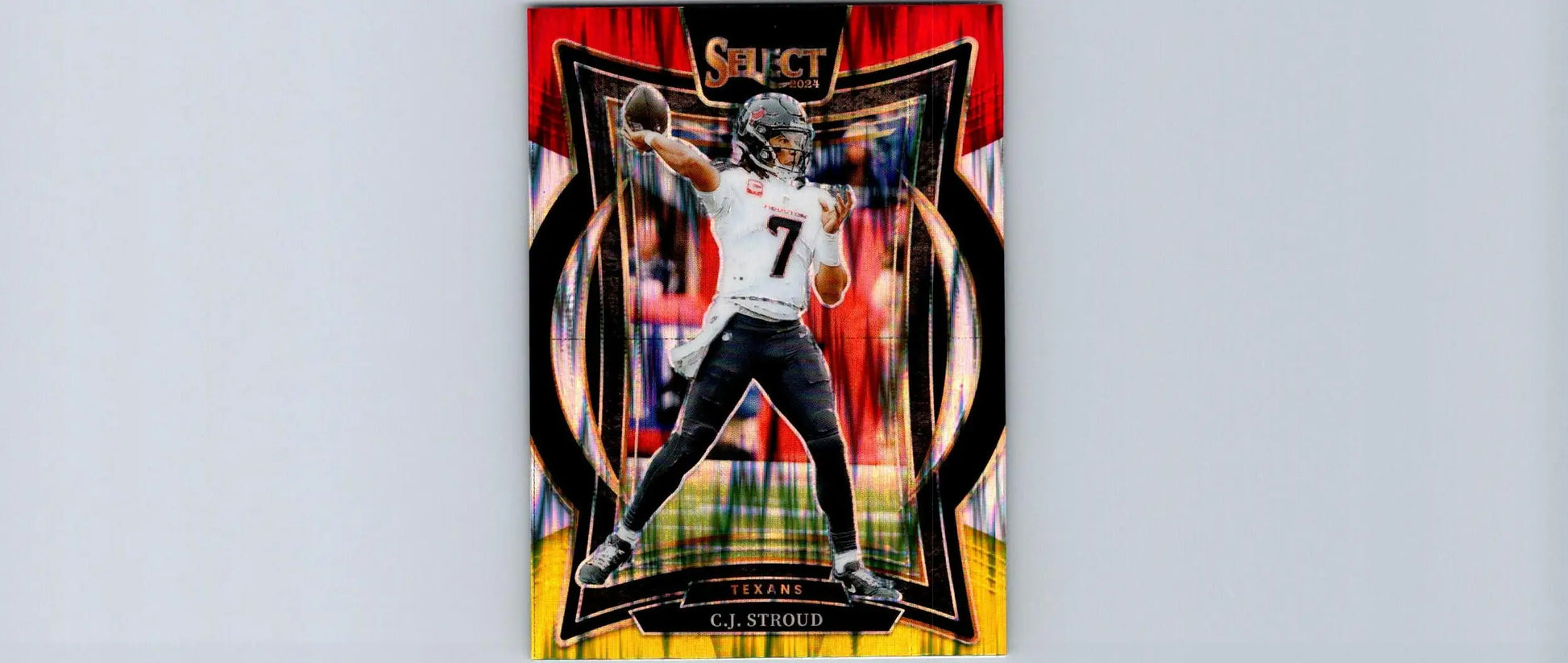 Football trading card featuring C.J. Stroud in a white jersey from Panini Select with yellow Prizm Shock