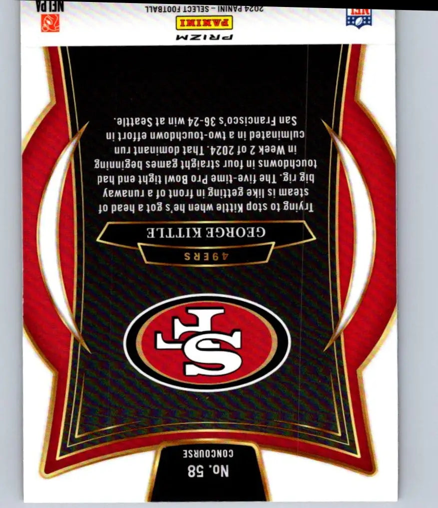 Back of a George Kittle 2024 Panini Select football card featuring George Kittle Red and Yellow Prizm Shock