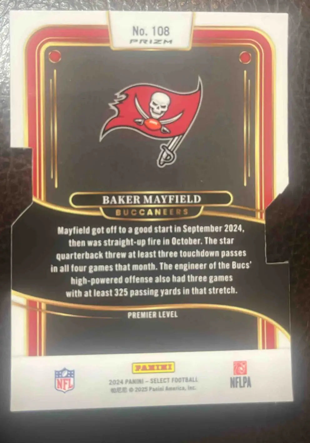Back of a Baker Mayfield Buccaneers Panini Select Baker football card, Premier Silver Die-Cut