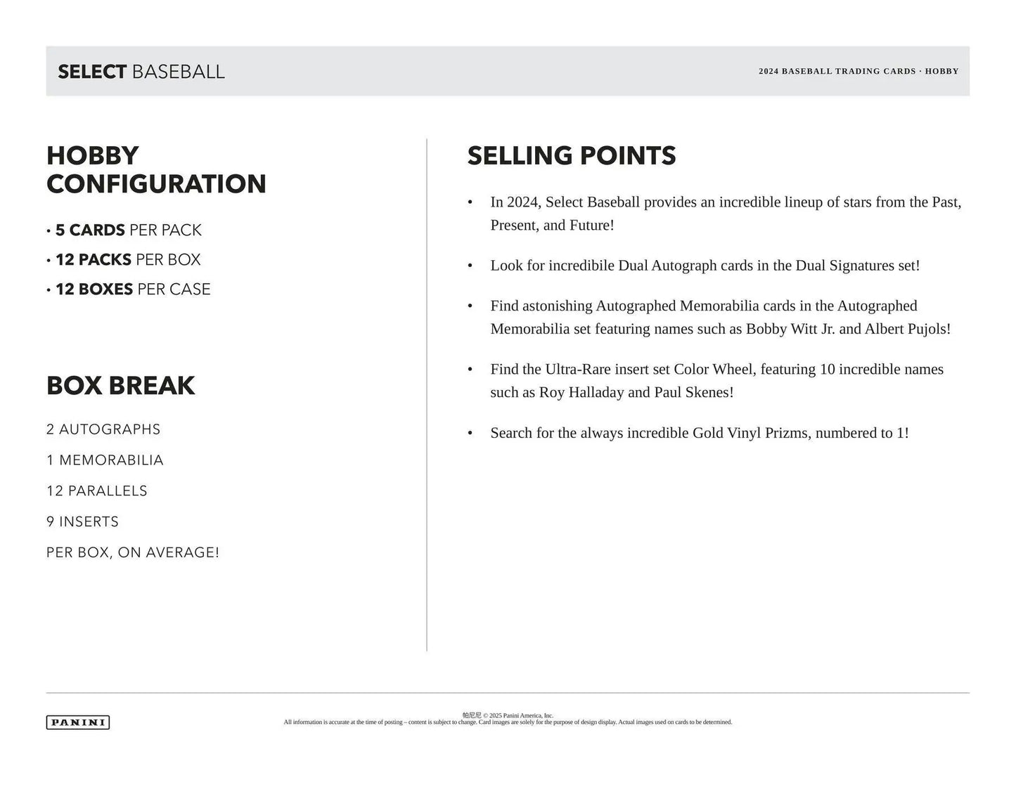 Select Baseball hobby configuration and selling points for 2024 Panini Select Baseball Hobby Box