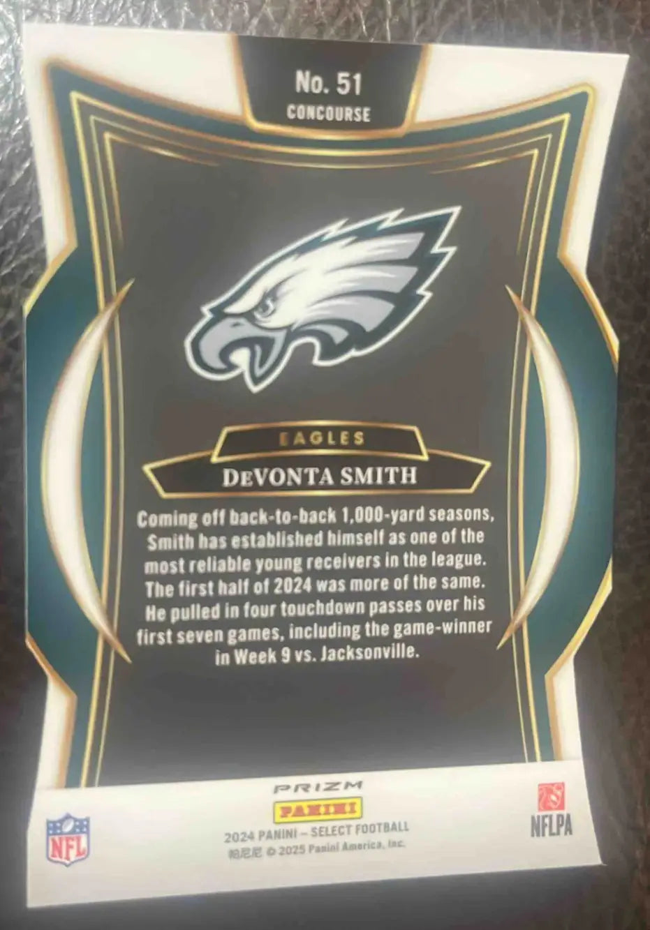 Back of a Devonta Smith Philadelphia Eagles Panini Select Devonta card showing serial number