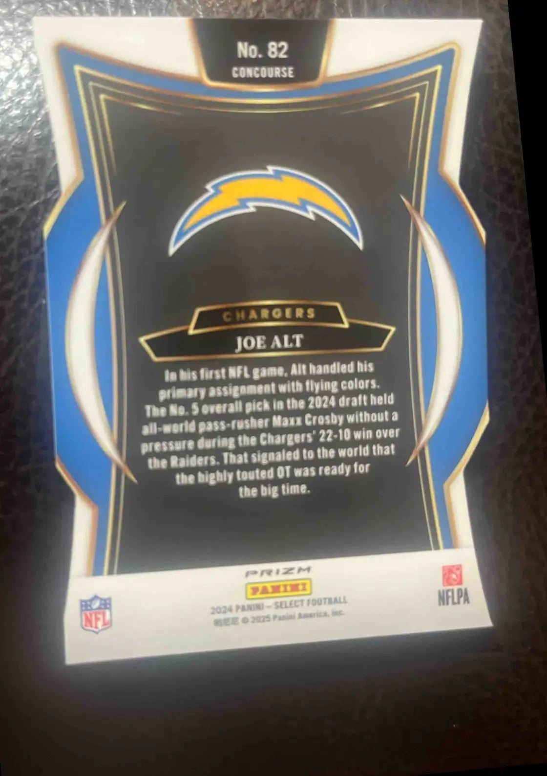 Back of a 2024 Panini Select Joe Alt Concourse Silver Prizm Die-Cut card