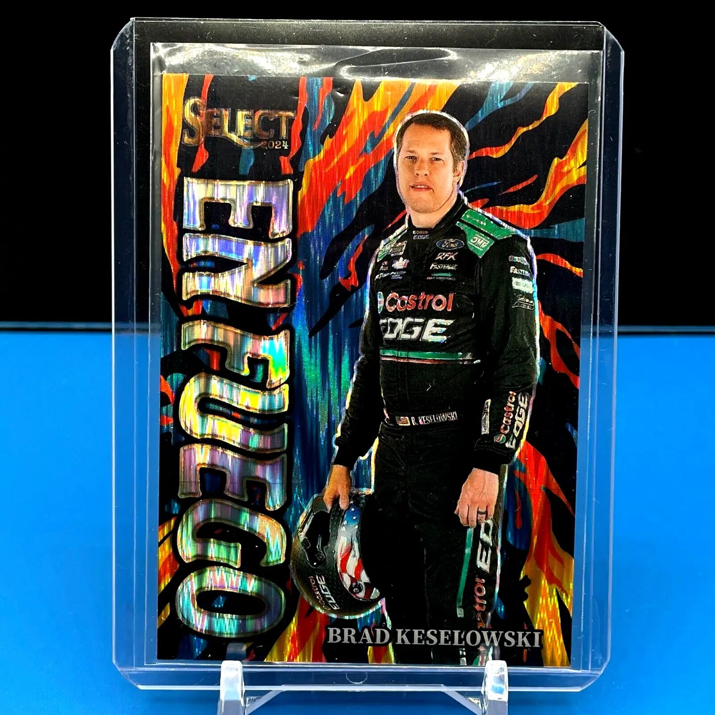 NASCAR trading card of Brad Keselowski in flash prizm design with Mobil 1 suit