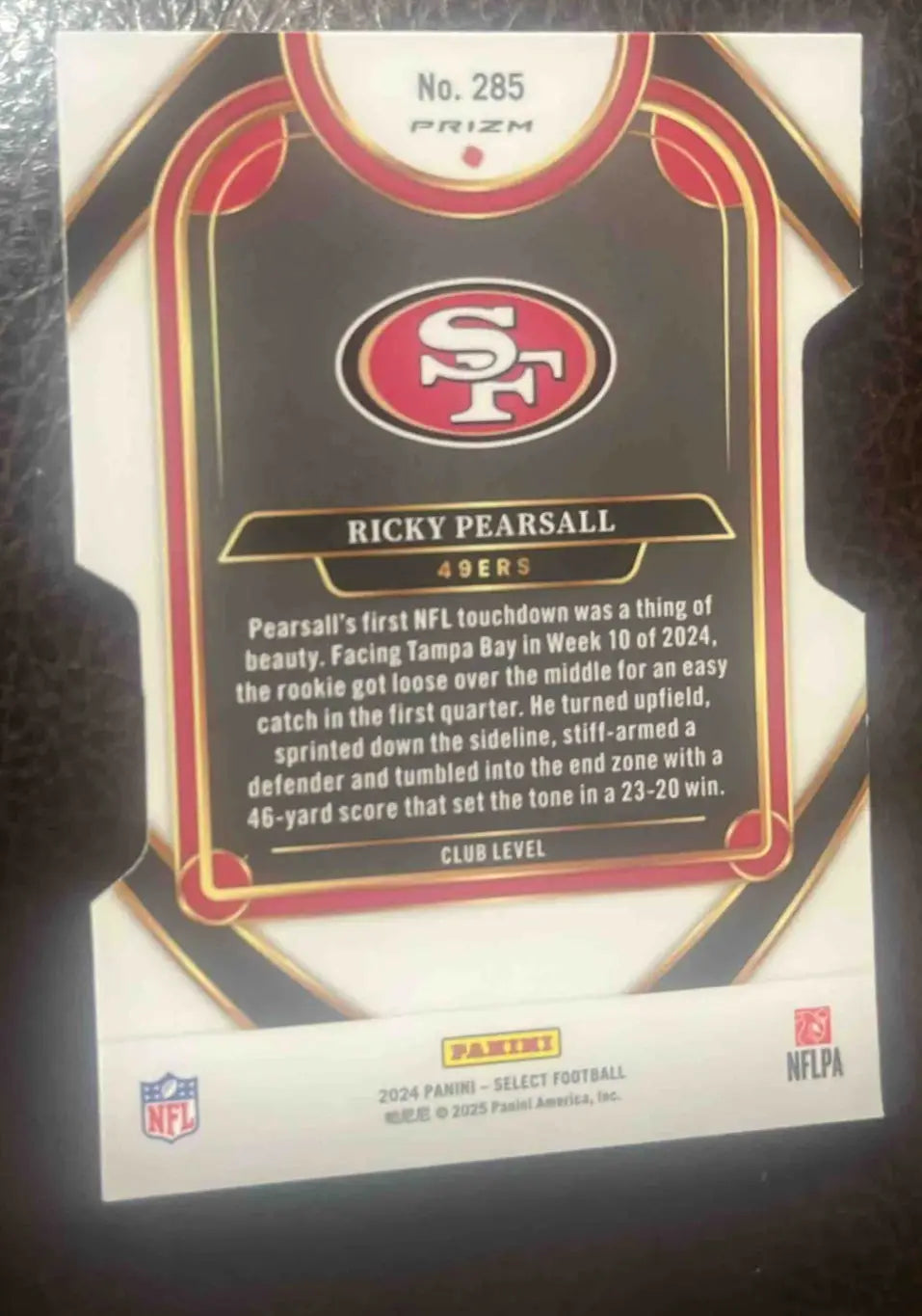 Back of a Ricky Pearsall 49ers trading card from Panini Select Ricky series featuring Ricky Pearsall club design