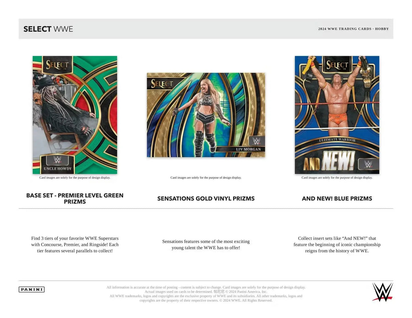 WWE trading cards from the 2024 Panini Select WWE Hobby Box featuring colorful designs and two autographs
