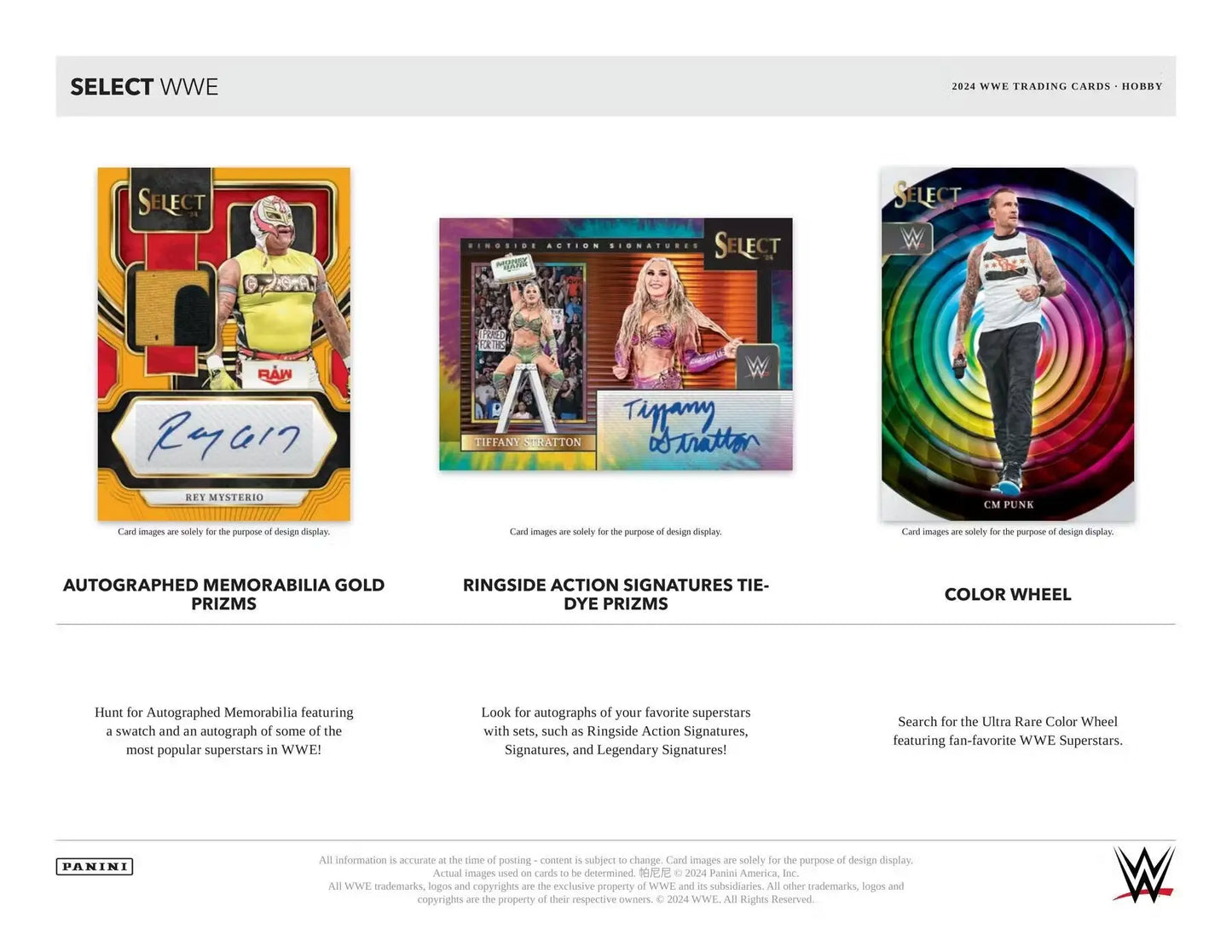 Three WWE trading cards from Panini Select WWE with vibrant colors and two autographs