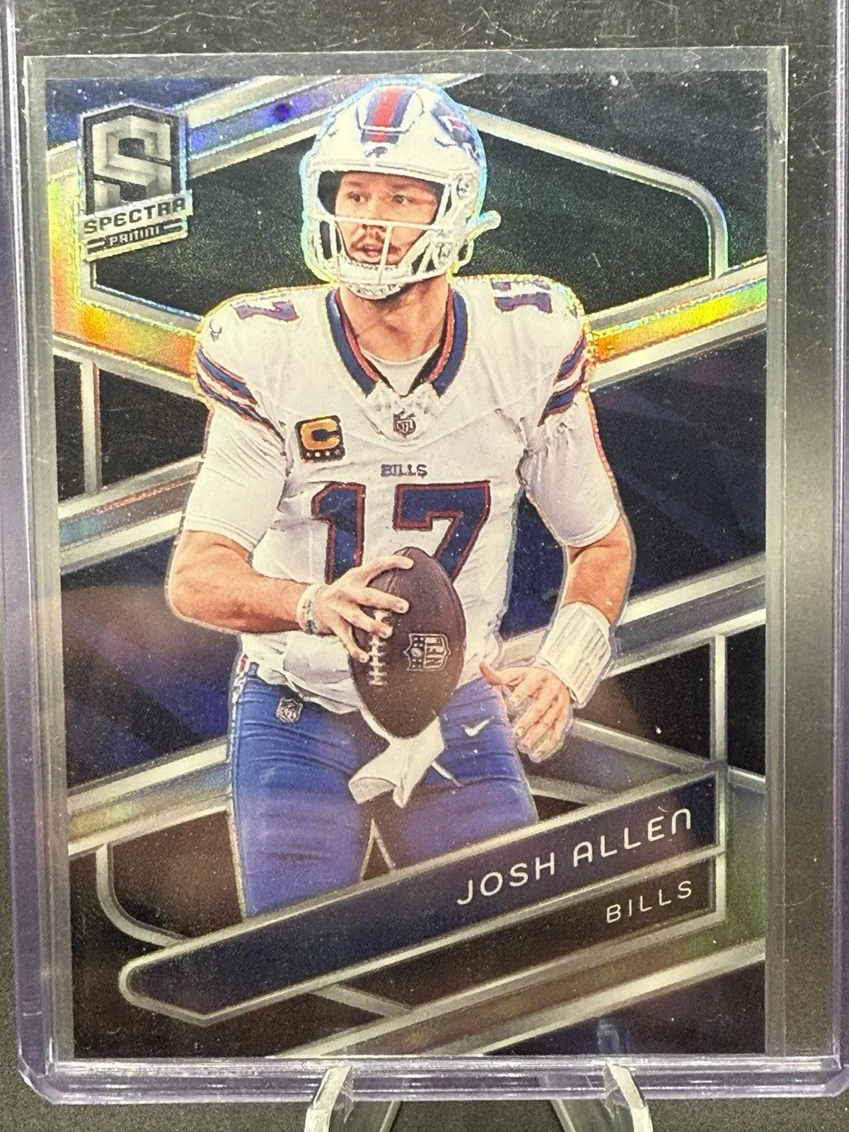 Josh Allen football card featuring Silver Prizm design from 2024 Panini Spectra for Buffalo Bills