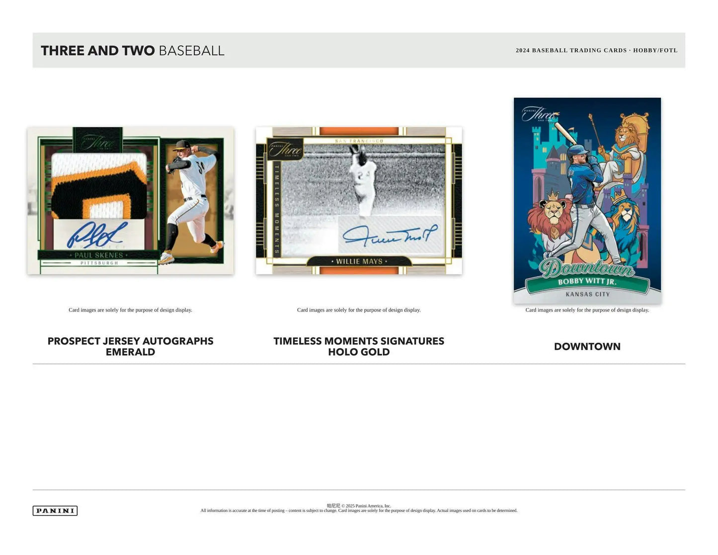 Three baseball trading cards featuring memorabilia, inserts, and parallels in 2024 Panini Hobby Box