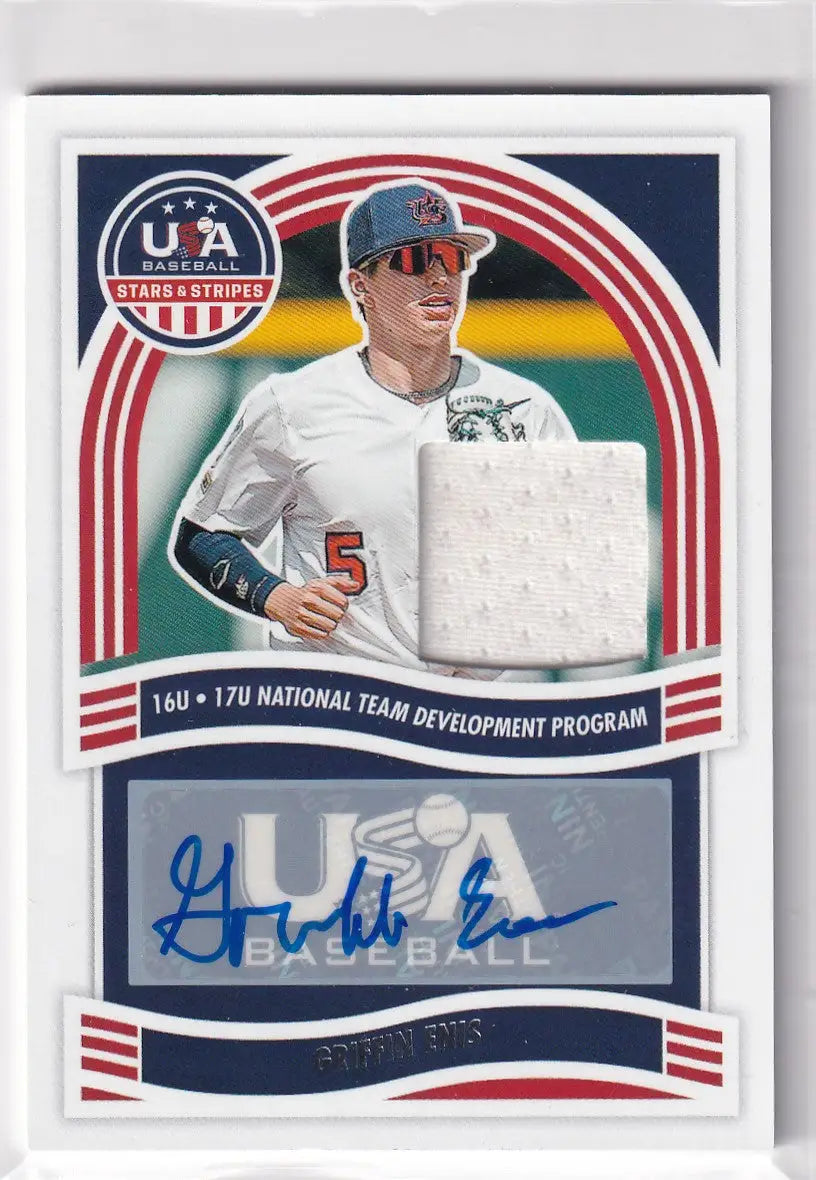 Baseball trading card of Griffin Enis, featuring Panini USA Auto Relic and jersey patch