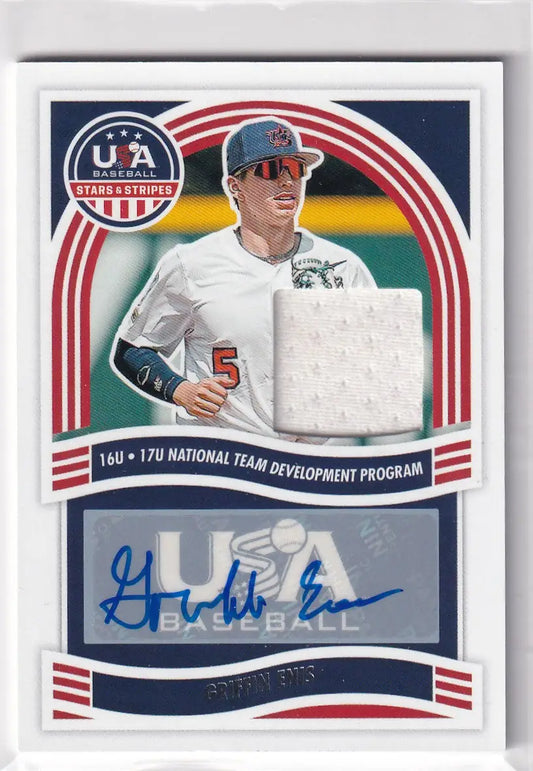 Baseball trading card of Griffin Enis, featuring Panini USA Auto Relic and jersey patch