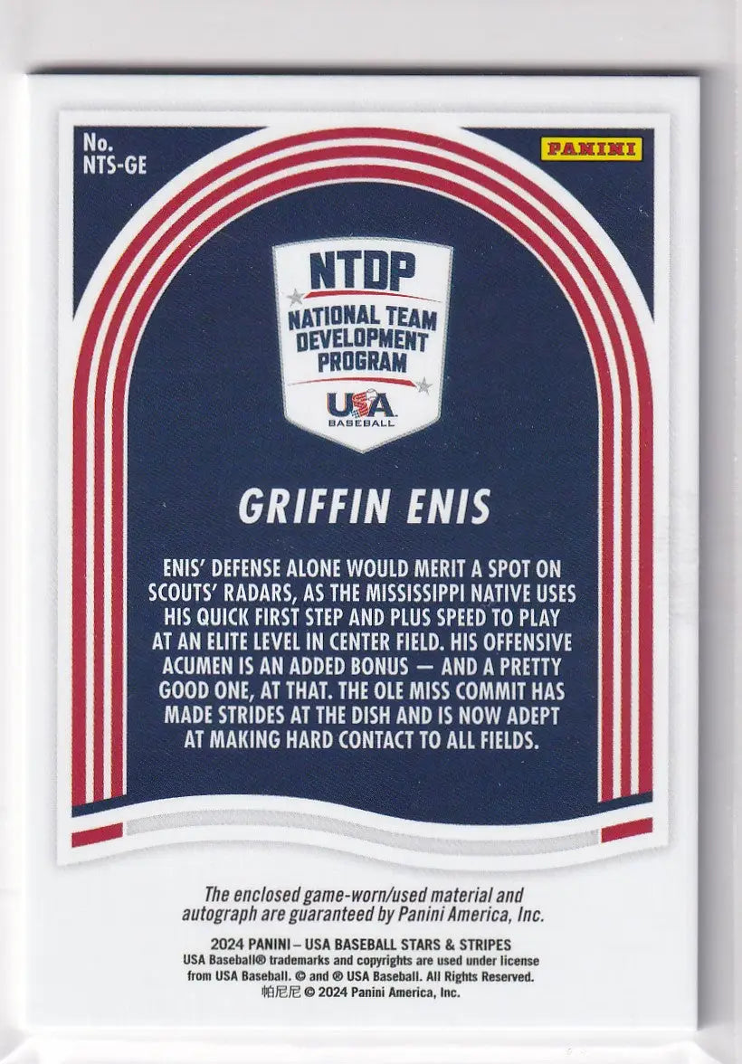 Baseball card showcasing NTDP logo with red and white stripes from Panini USA Auto Relic