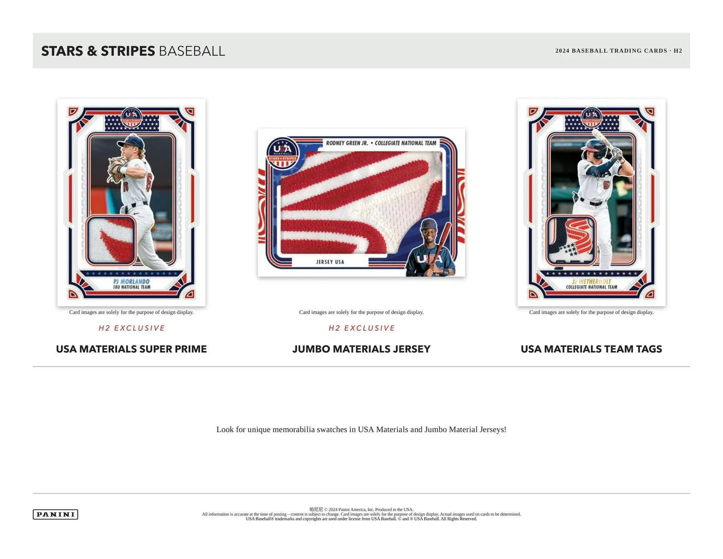 Baseball card collection display of 2024 Panini USA Stars & Stripes memorabilia cards