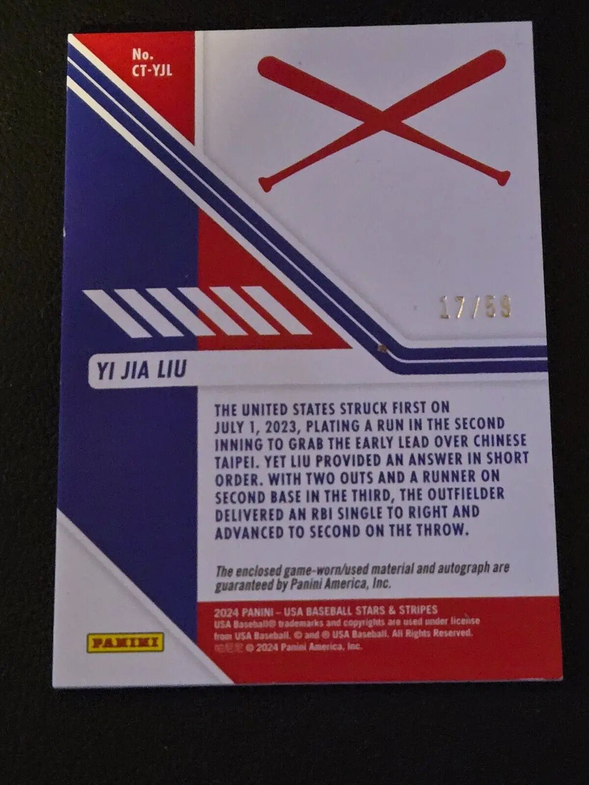 Baseball card back featuring Jia Liu jersey from 2024 Panini USA Stars & Stripes