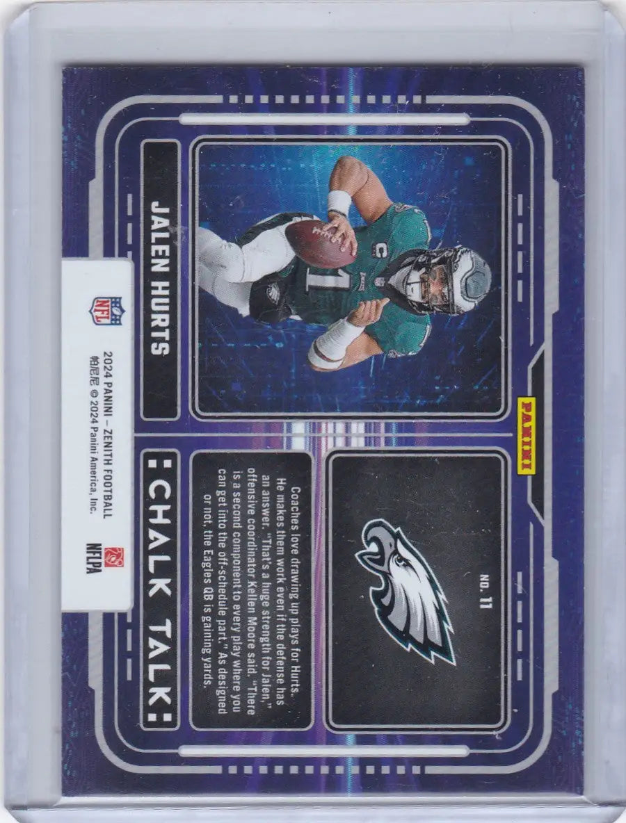 Jalen Hurts football trading card from Panini Zenith Chalk Talk series