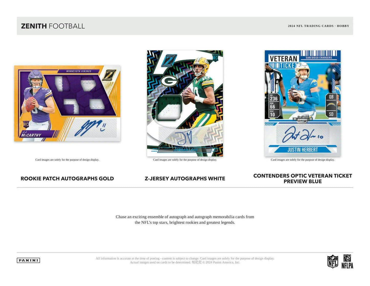 Football trading cards from the 2024 Panini Zenith Football Hobby Box showcasing Zenith Football collection