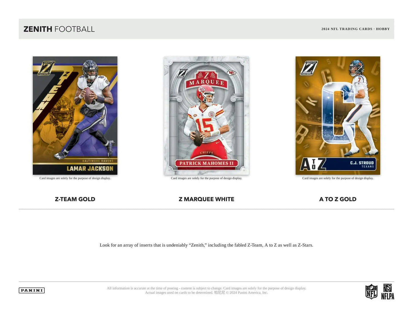 Three football trading cards from the 2024 Panini Zenith Football Hobby Box