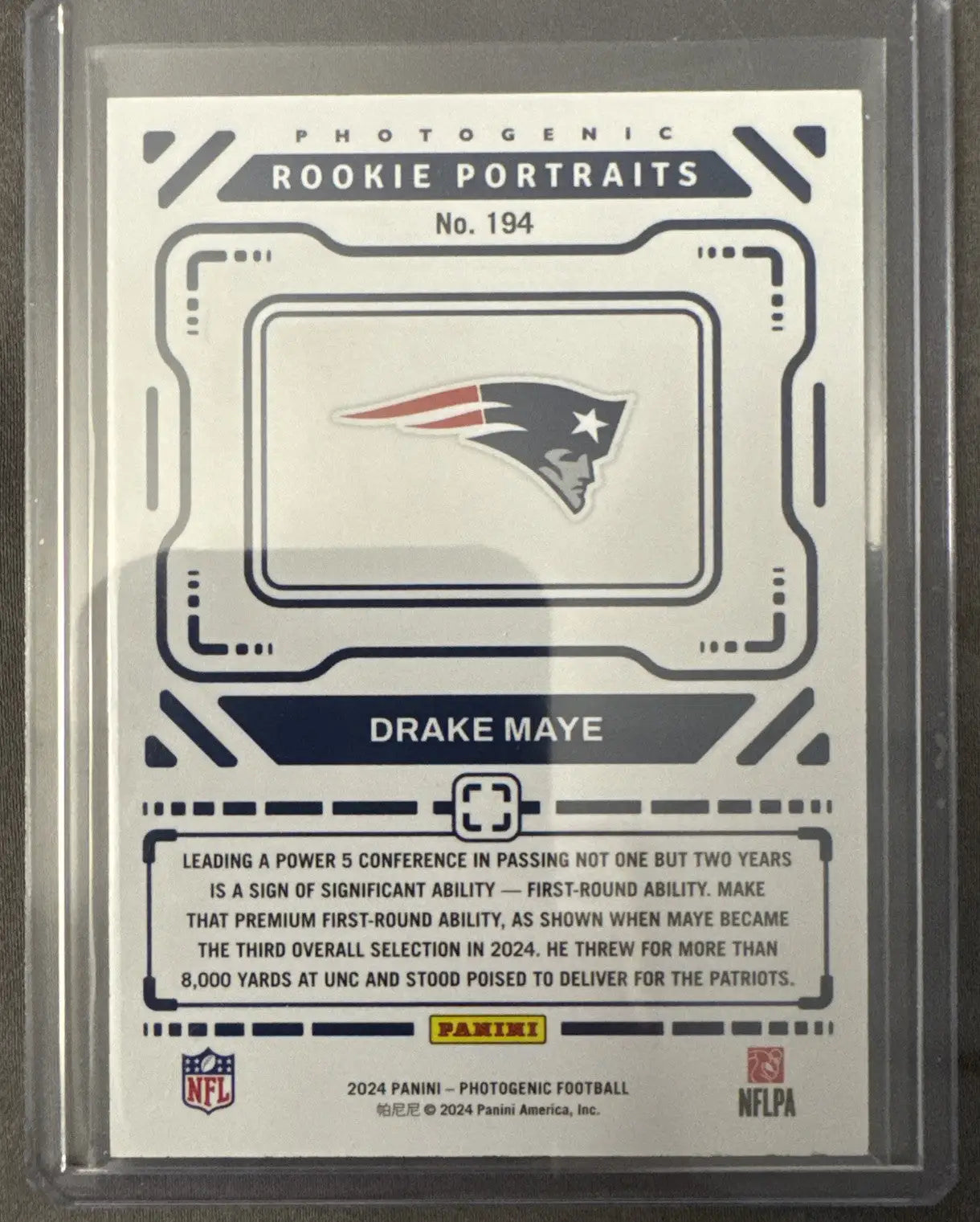Drake Maye rookie portraits football card from 2024 Photogenic Football collection