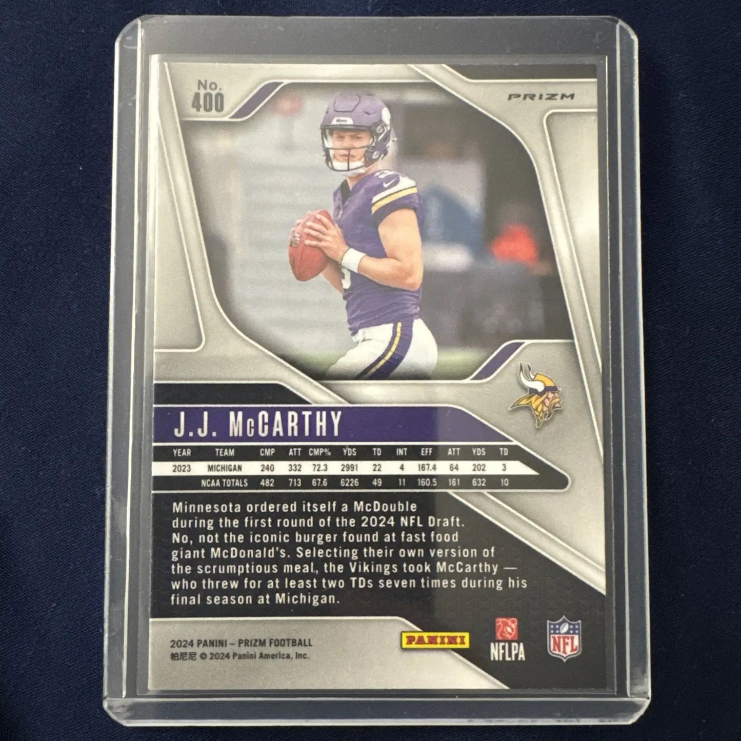 J.J. McCarthy Vikings Rookie Orange Laser Panini Prizm football trading card