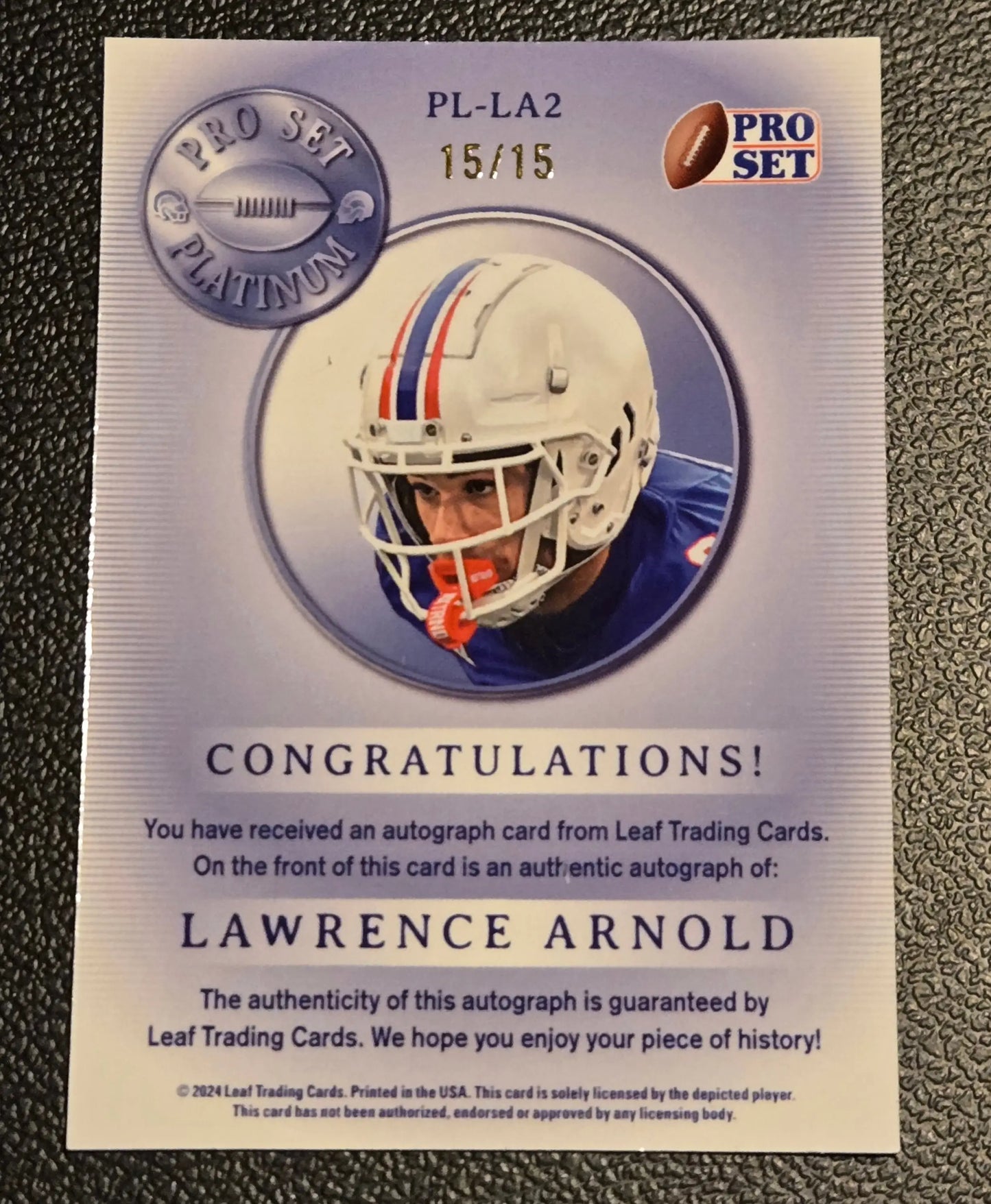 Lawrence Arnold autograph card from 2024 Pro Set Metal Lawrence Arnold Pro Set Platinum Silver #/15