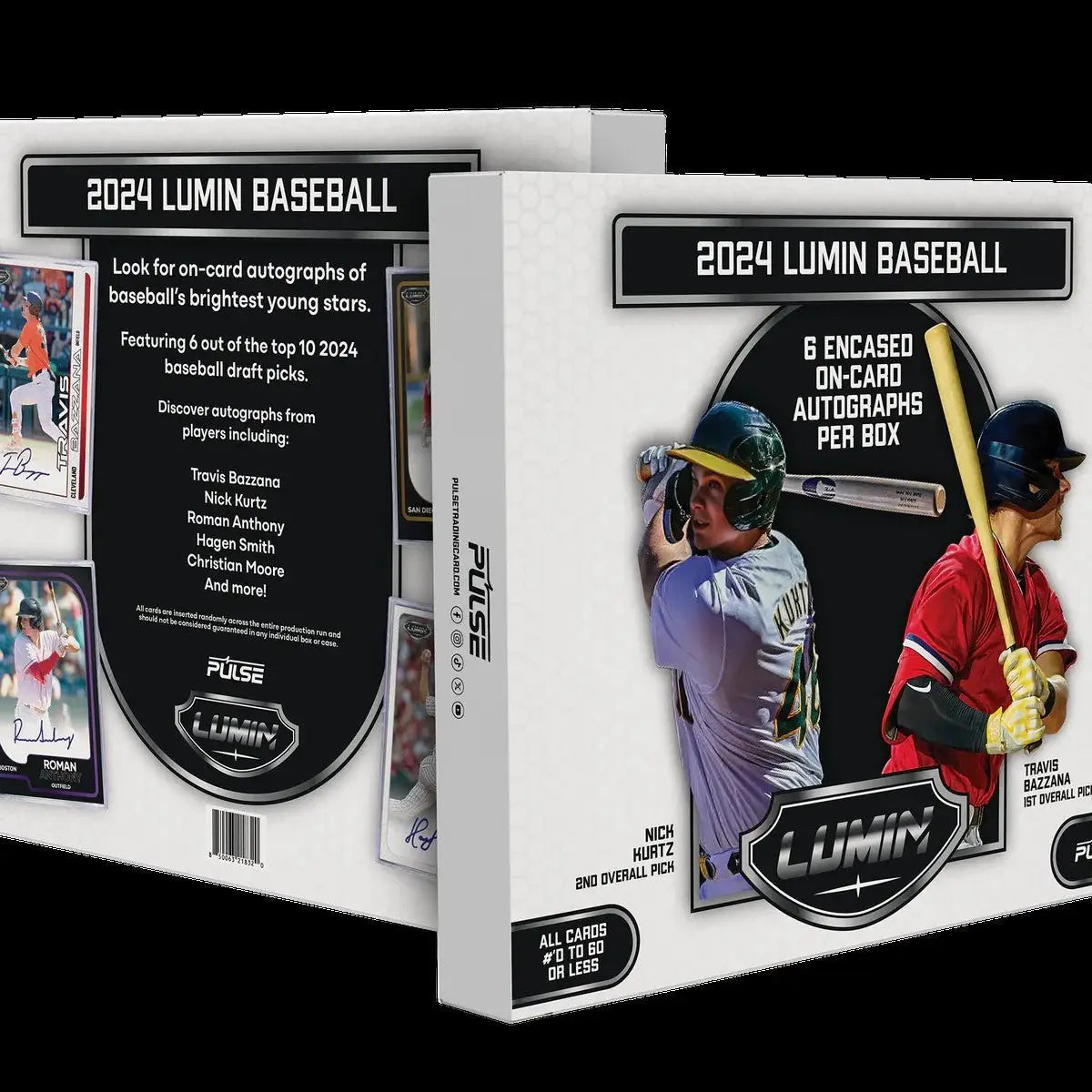 Two boxes of 2024 Pulse Lumin Baseball hobby cards in a Lumin Baseball hobby box