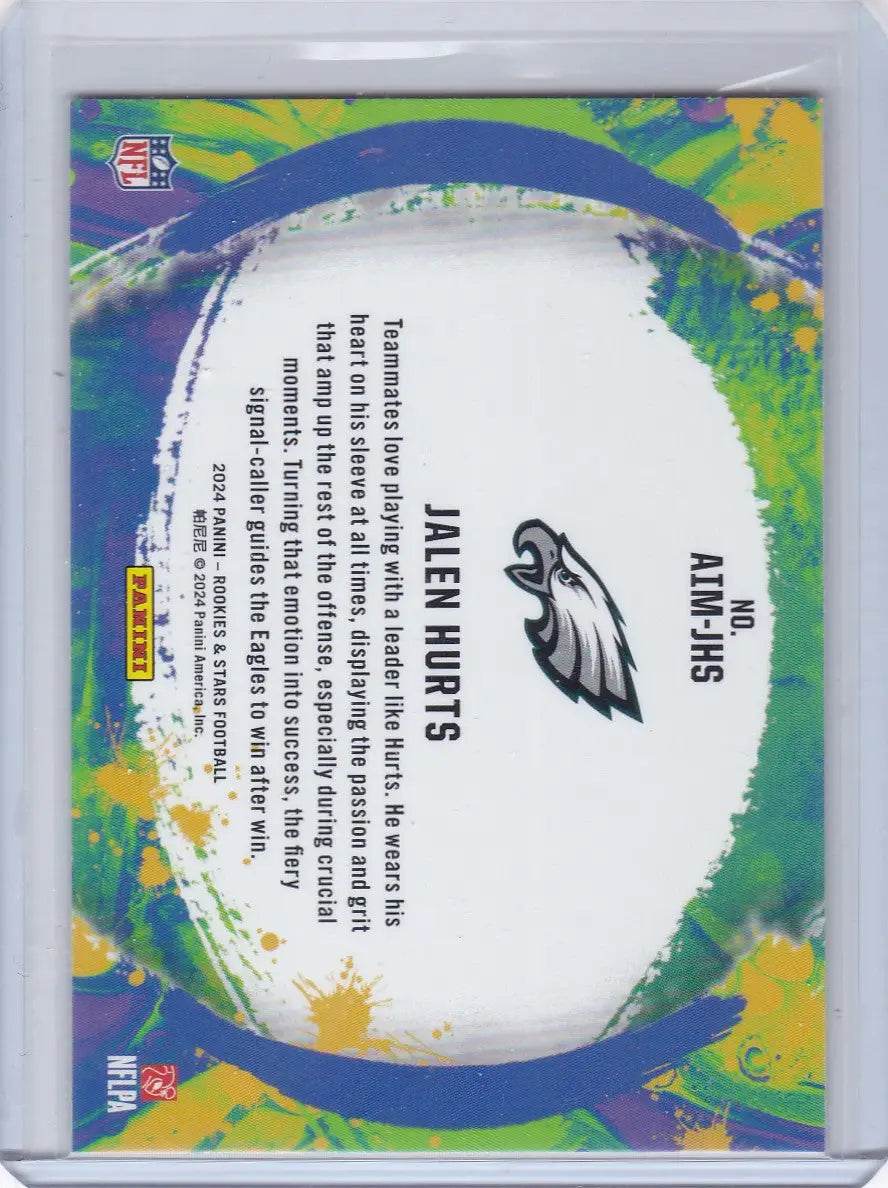 Football trading card featuring Jalen Hurts from 2024 Rookies and Stars Artistry in Motion Red