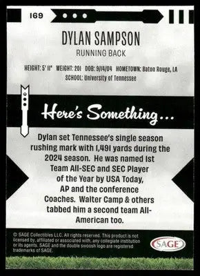 2024 SAGE Dylan Sampson football card displayed in Sage Dylan Sampson product