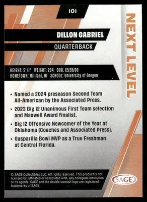 2024 Sage Next Level Dillon Gabriel #101 Football trading card showcasing stats and accomplishments